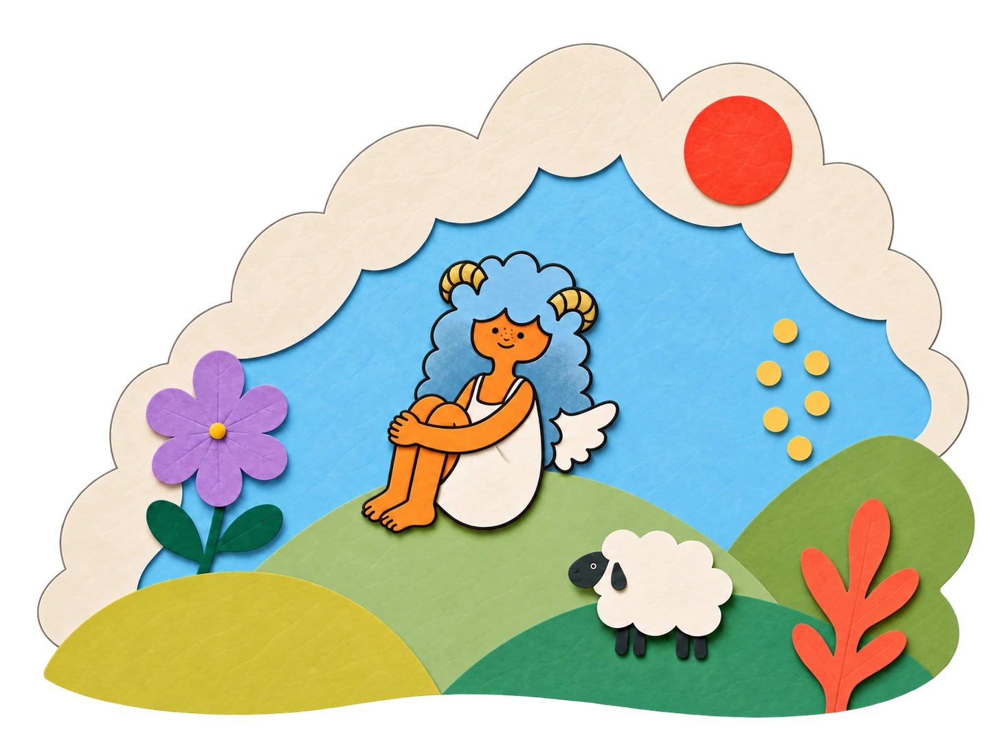 A blue-haired winged character and a little sheep sit among bright paper hills, flowers and clouds.