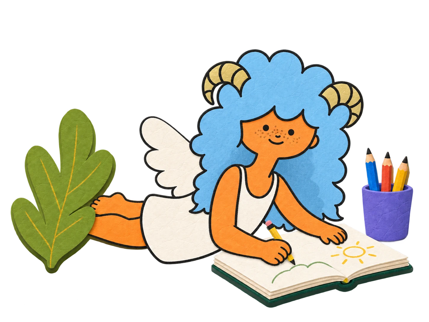 MySheep's blue-haired, winged character drawing in an open sketchbook.